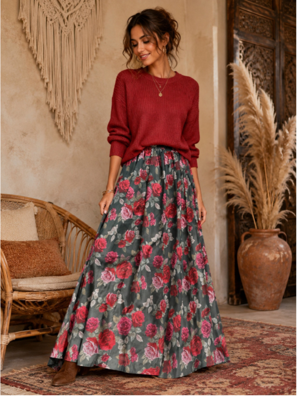 Women's Mia Joy Floral Maxi Skirt Size L Grey Red